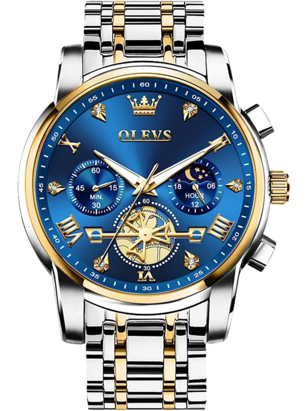 Stylish Men's Stainless Steel Chronograph Watch, Large Face, Diamond Accents